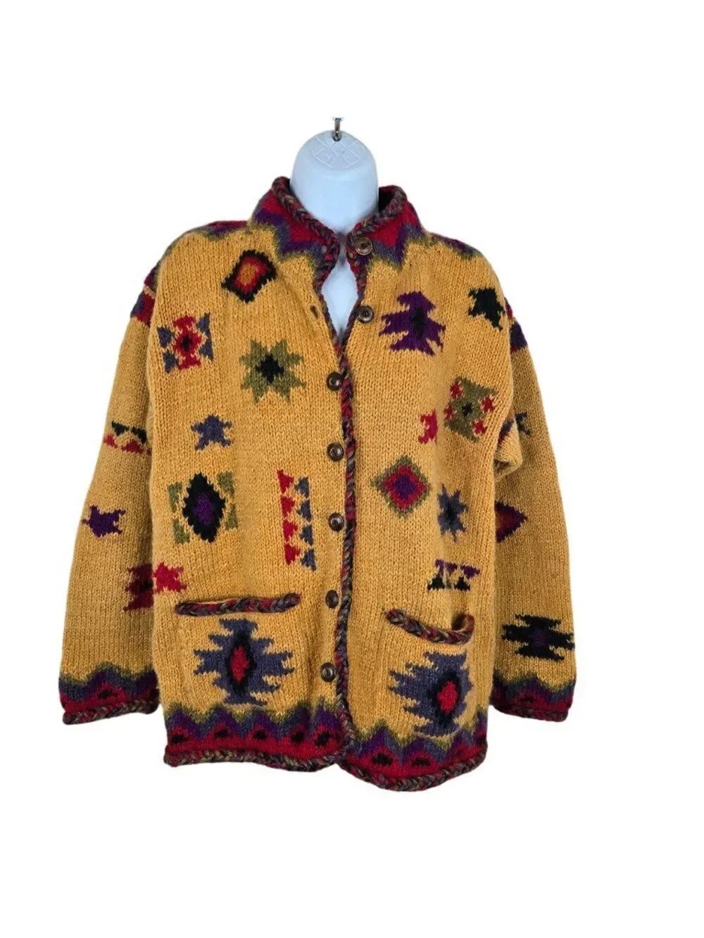 Vintage 90s Newari Wool Knit Cardigan Sweater Geometric Pattern Womens M Yellow